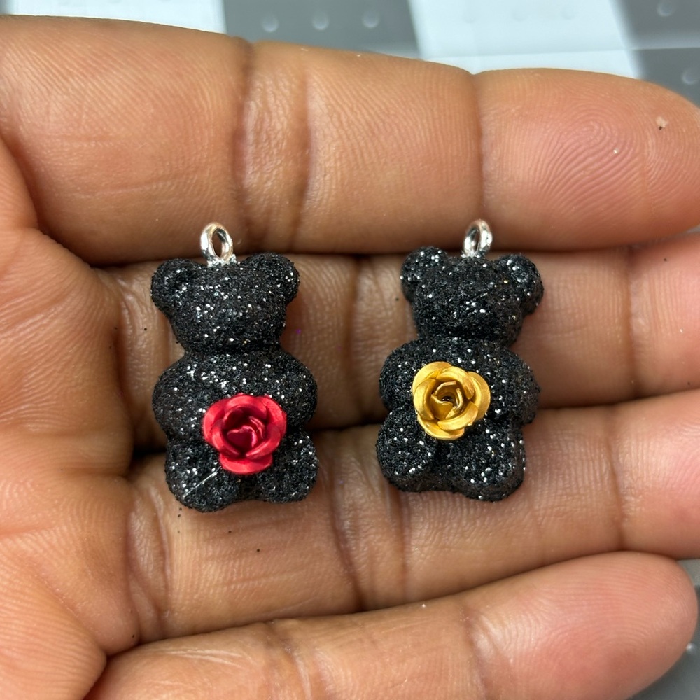 Black Glitter Bear Charms with Red and Yellow Rose Accent